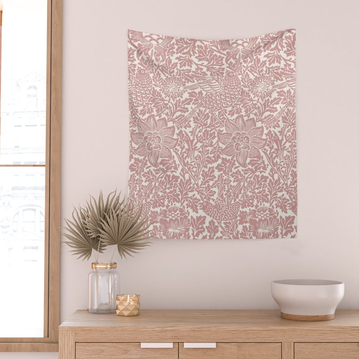 William Morris Vintage Strawberry Thief Pink & White Pattern Wall Tapestry Gallery Image 2