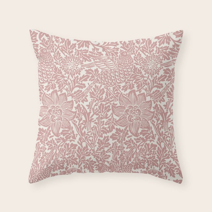 William Morris Vintage Strawberry Thief Pink & White Pattern Throw Pillow Gallery Image 1