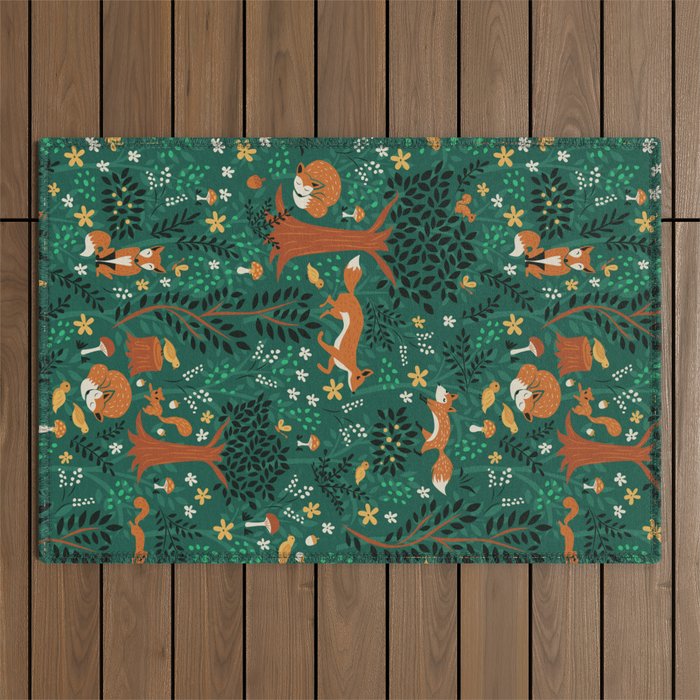 Foxes Playing in the Emerald Forest Outdoor Rug Gallery Image 1