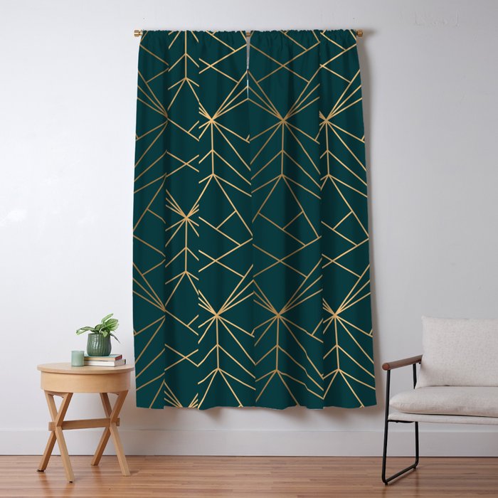Hidden Sapphire Geometric Gold Pattern With White Shimmer  Window Curtain Gallery Image 5
