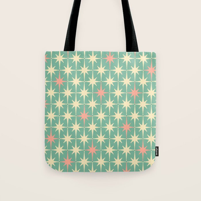 Retro Vintage 50s Stars Pattern in Teal Mint, Pink, and Cream Tote Bag Gallery Image 1