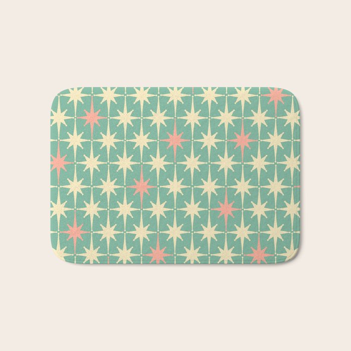Retro Vintage 50s Stars Pattern in Teal Mint, Pink, and Cream Bath Mat Gallery Image 1