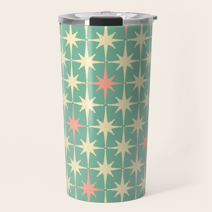 Retro Vintage 50s Stars Pattern in Teal Mint, Pink, and Cream Travel Mug Gallery Image 1