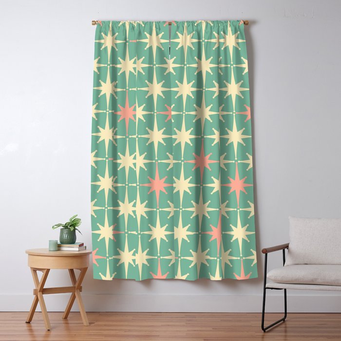 Retro Vintage 50s Stars Pattern in Teal Mint, Pink, and Cream Window Curtain Gallery Image 5