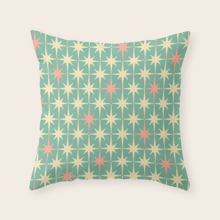 Retro Vintage 50s Stars Pattern in Teal Mint, Pink, and Cream Throw Pillow Gallery Image 6