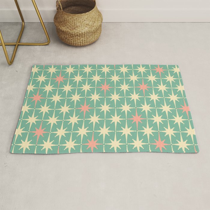Retro Vintage 50s Stars Pattern in Teal Mint, Pink, and Cream Rug Gallery Image 1
