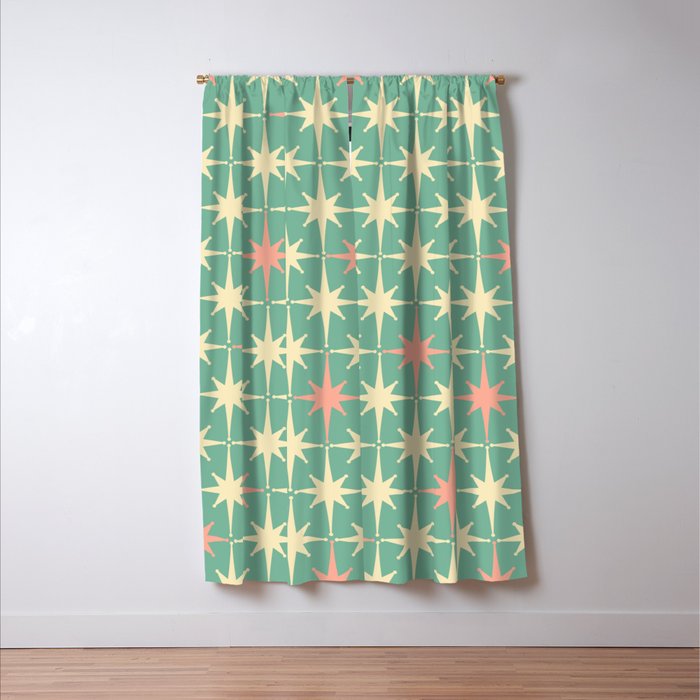 Retro Vintage 50s Stars Pattern in Teal Mint, Pink, and Cream Window Curtain Gallery Image 3
