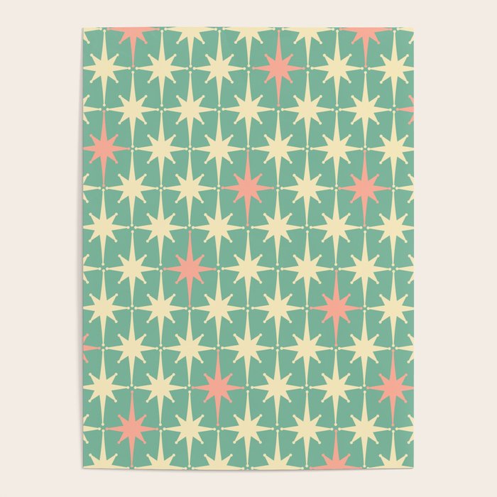 Retro Vintage 50s Stars Pattern in Teal Mint, Pink, and Cream Poster Gallery Image 1