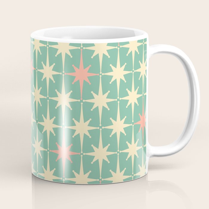 Retro Vintage 50s Stars Pattern in Teal Mint, Pink, and Cream Coffee Mug Gallery Image 1