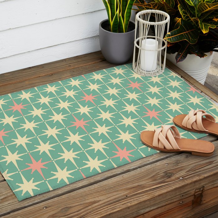 Retro Vintage 50s Stars Pattern in Teal Mint, Pink, and Cream Outdoor Rug Gallery Image 2