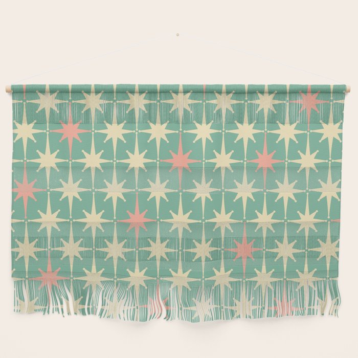 Retro Vintage 50s Stars Pattern in Teal Mint, Pink, and Cream Wall Hanging Gallery Image 1