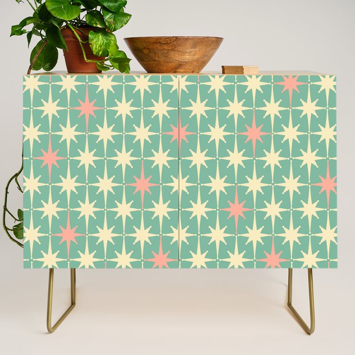 Retro Vintage 50s Stars Pattern in Teal Mint, Pink, and Cream Credenza Gallery Image 1