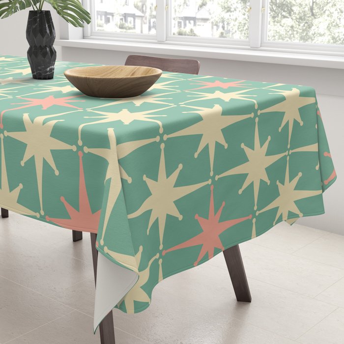 Retro Vintage 50s Stars Pattern in Teal Mint, Pink, and Cream Tablecloth Gallery Image 3