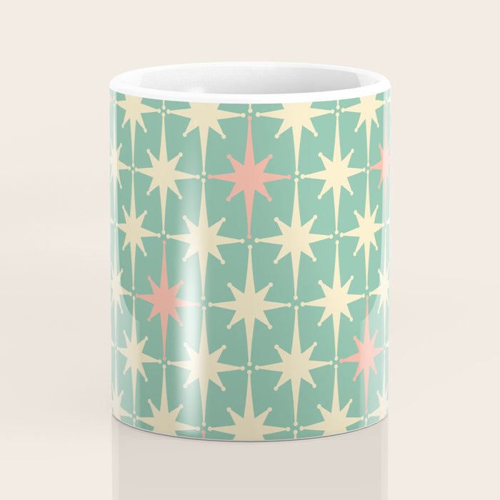 Retro Vintage 50s Stars Pattern in Teal Mint, Pink, and Cream Coffee Mug Gallery Image 4