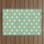 Retro Vintage 50s Stars Pattern in Teal Mint, Pink, and Cream Outdoor Rug Gallery Image 1