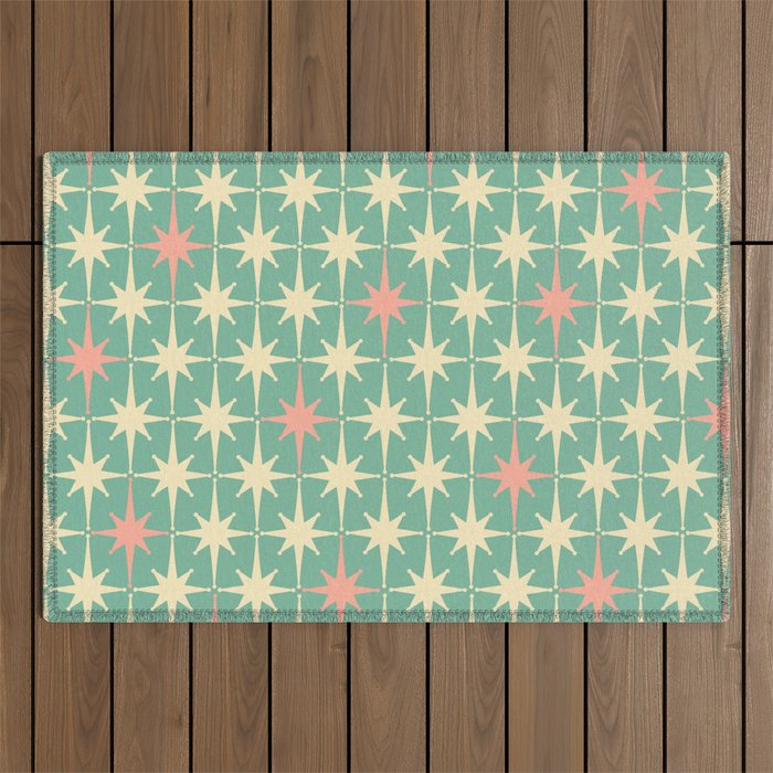 Retro Vintage 50s Stars Pattern in Teal Mint, Pink, and Cream Outdoor Rug Gallery Image 1