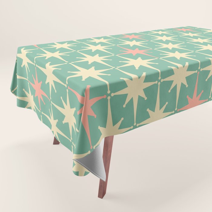 Retro Vintage 50s Stars Pattern in Teal Mint, Pink, and Cream Tablecloth Gallery Image 1