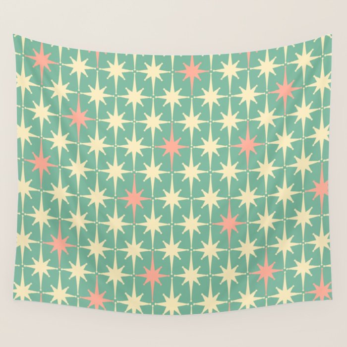 Retro Vintage 50s Stars Pattern in Teal Mint, Pink, and Cream Wall Tapestry Gallery Image 4