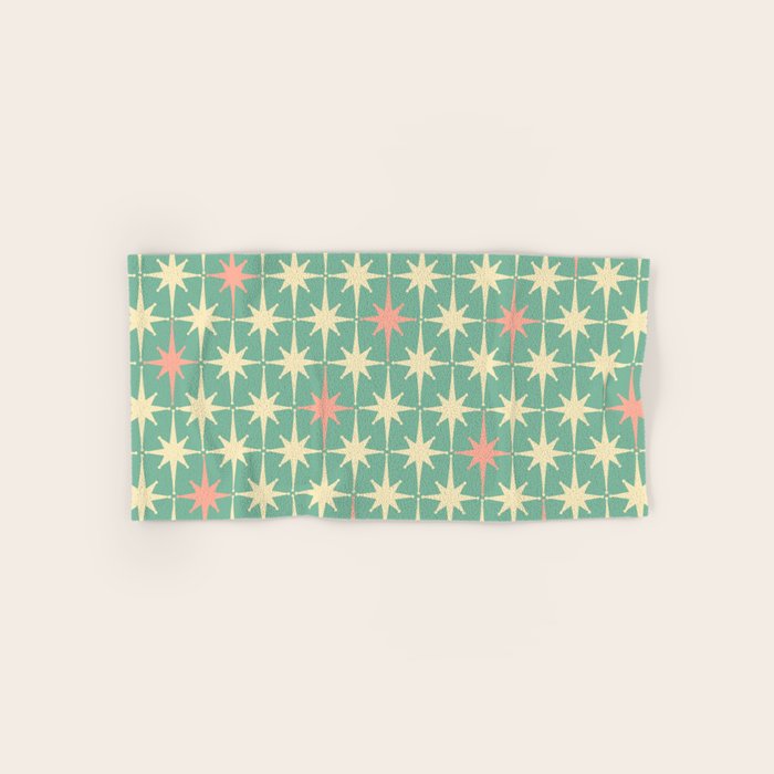 Retro Vintage 50s Stars Pattern in Teal Mint, Pink, and Cream Bath Towel Gallery Image 1