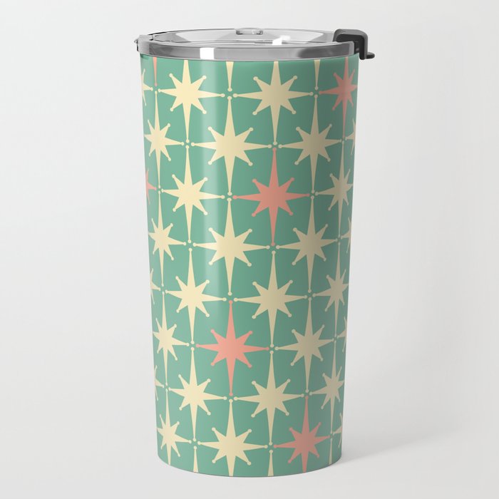 Retro Vintage 50s Stars Pattern in Teal Mint, Pink, and Cream Travel Mug Gallery Image 2