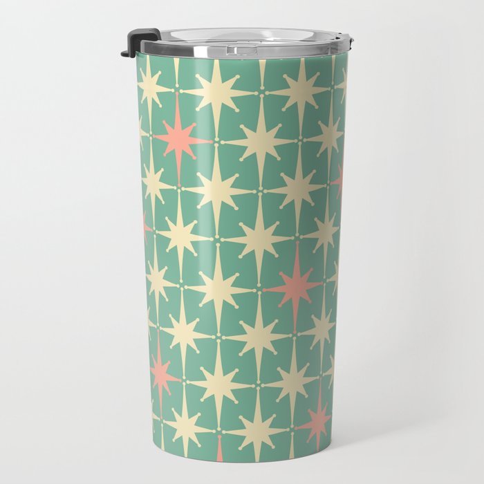 Retro Vintage 50s Stars Pattern in Teal Mint, Pink, and Cream Travel Mug Gallery Image 3