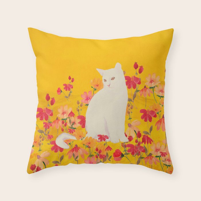 cat in a field of flowers 3 Throw Pillow Gallery Image 6