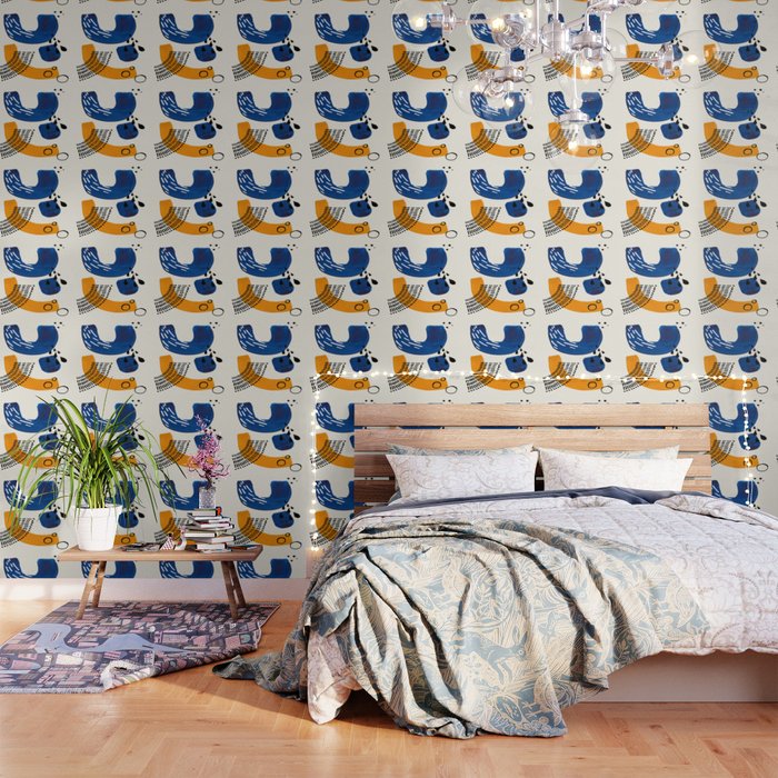 Fun Colorful Abstract Mid Century Minimalist Navy Blue Yellow Organic Shapes Water Drops Patterns Wallpaper Gallery Image 3