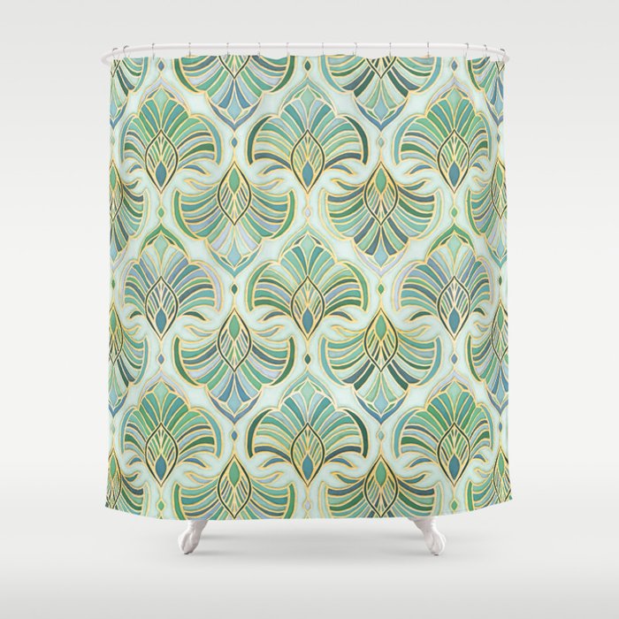 Jade Enamel Art Deco Fans Shower Curtain Gallery Image 1