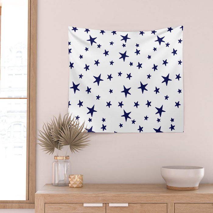 Stars - Navy Blue on White Wall Tapestry Gallery Image 2