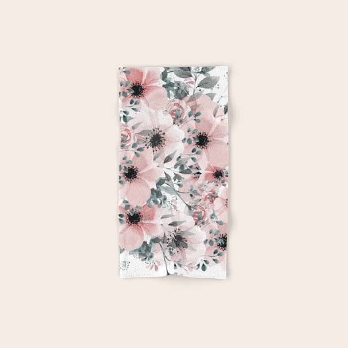 Flower Watercolor, Blush Pink and Gray, Floral Prints Hand & Bath Towel Gallery Image 1