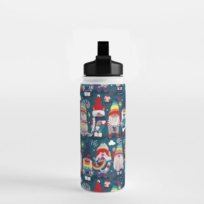 I gnome you // dark teal background little happy and lovely gnomes with rainbows vivid red hearts Water Bottle Gallery Image 2