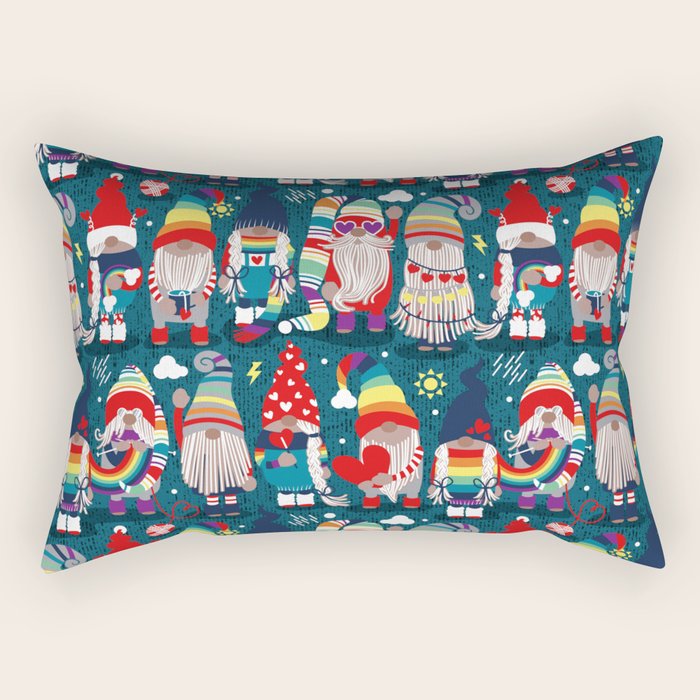 I gnome you // dark teal background little happy and lovely gnomes with rainbows vivid red hearts Rectangular Pillow Gallery Image 1