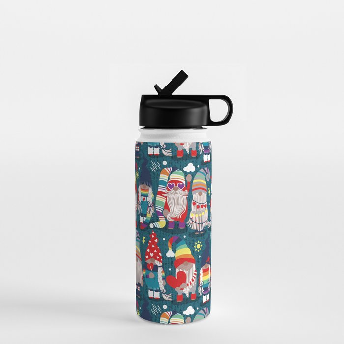 I gnome you // dark teal background little happy and lovely gnomes with rainbows vivid red hearts Water Bottle Gallery Image 1