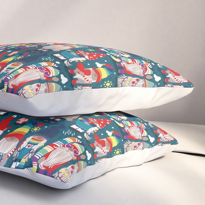 I gnome you // dark teal background little happy and lovely gnomes with rainbows vivid red hearts Pillow Sham Gallery Image 3