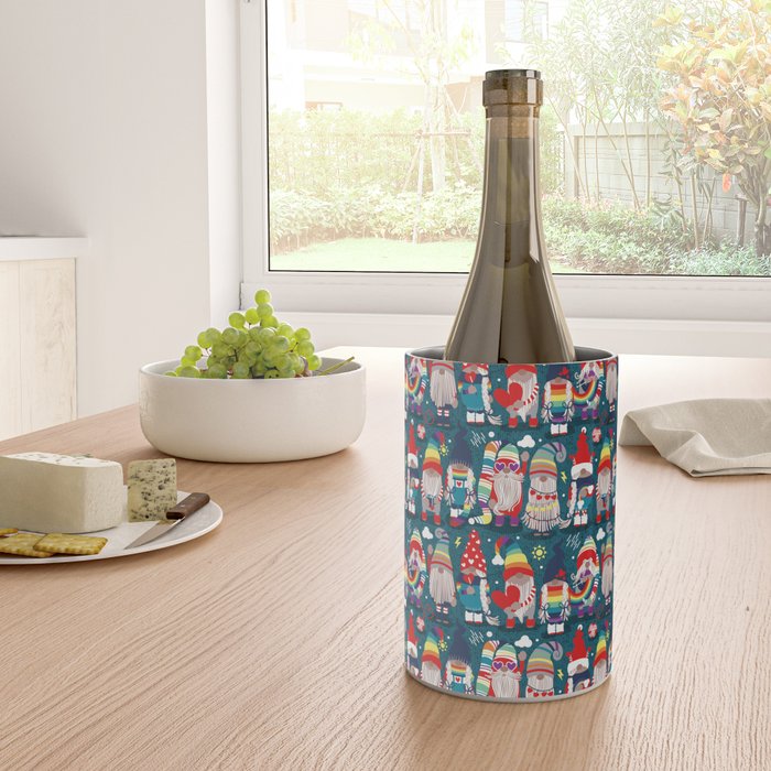 I gnome you // dark teal background little happy and lovely gnomes with rainbows vivid red hearts Wine Chiller Gallery Image 4