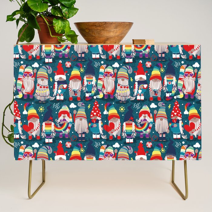 I gnome you // dark teal background little happy and lovely gnomes with rainbows vivid red hearts Credenza Gallery Image 1
