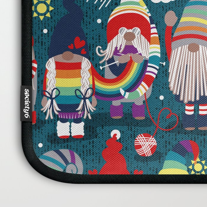 I gnome you // dark teal background little happy and lovely gnomes with rainbows vivid red hearts Laptop Sleeve Gallery Image 3