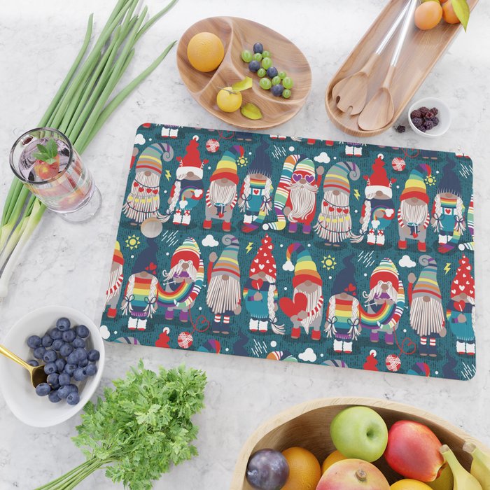 I gnome you // dark teal background little happy and lovely gnomes with rainbows vivid red hearts Cutting Board Gallery Image 2