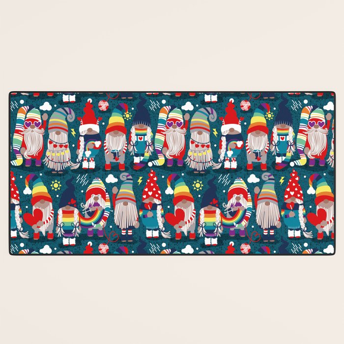 I gnome you // dark teal background little happy and lovely gnomes with rainbows vivid red hearts Desk Mat Gallery Image 3