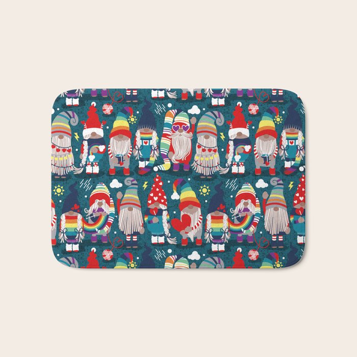I gnome you // dark teal background little happy and lovely gnomes with rainbows vivid red hearts Bath Mat Gallery Image 1