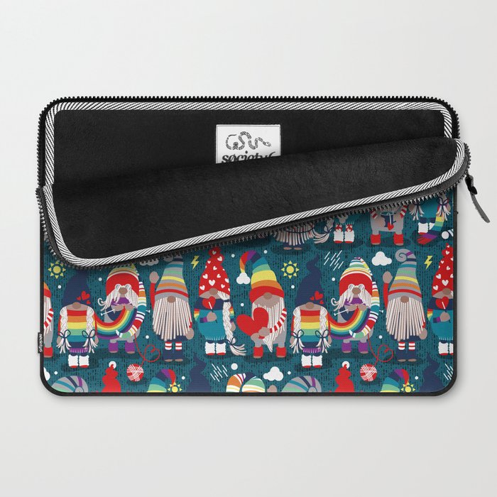 I gnome you // dark teal background little happy and lovely gnomes with rainbows vivid red hearts Laptop Sleeve Gallery Image 2