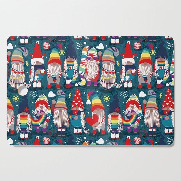 I gnome you // dark teal background little happy and lovely gnomes with rainbows vivid red hearts Cutting Board Gallery Image 1
