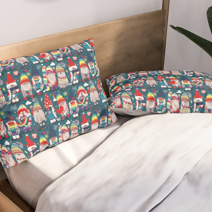 I gnome you // dark teal background little happy and lovely gnomes with rainbows vivid red hearts Pillow Sham Gallery Image 2