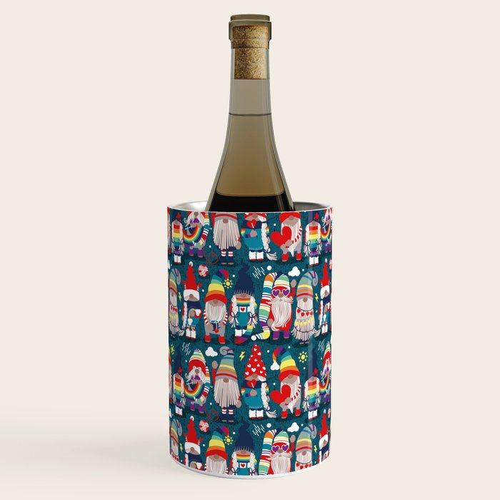 I gnome you // dark teal background little happy and lovely gnomes with rainbows vivid red hearts Wine Chiller Gallery Image 3
