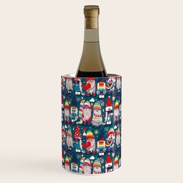 I gnome you // dark teal background little happy and lovely gnomes with rainbows vivid red hearts Wine Chiller Gallery Image 2