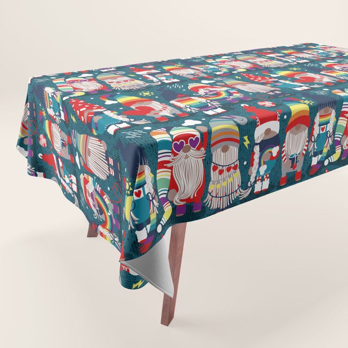 I gnome you // dark teal background little happy and lovely gnomes with rainbows vivid red hearts Tablecloth Gallery Image 1