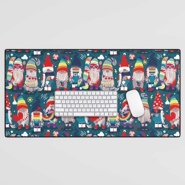 I gnome you // dark teal background little happy and lovely gnomes with rainbows vivid red hearts Desk Mat Gallery Image 1