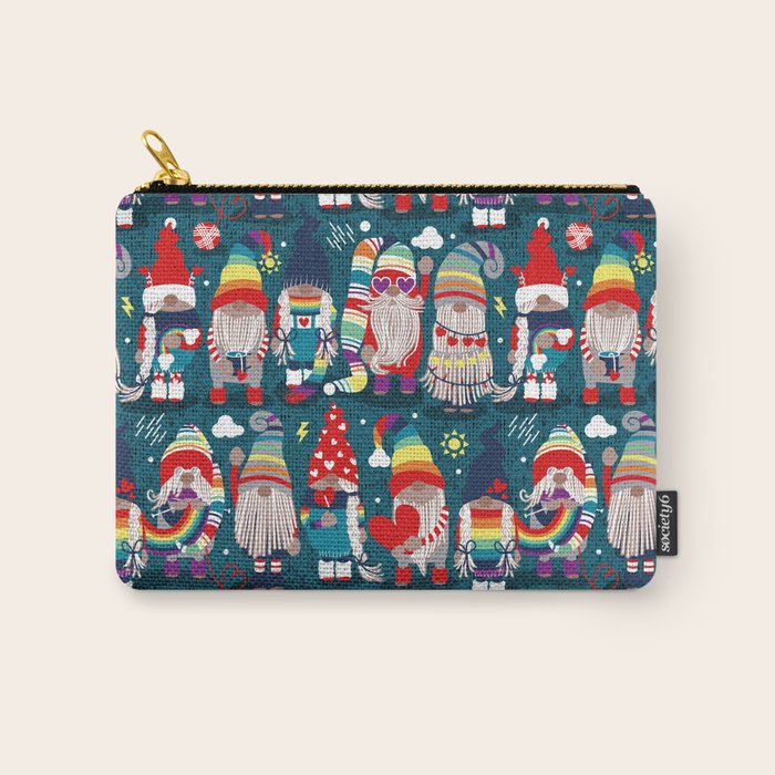 I gnome you // dark teal background little happy and lovely gnomes with rainbows vivid red hearts Carry All Pouch Gallery Image 1
