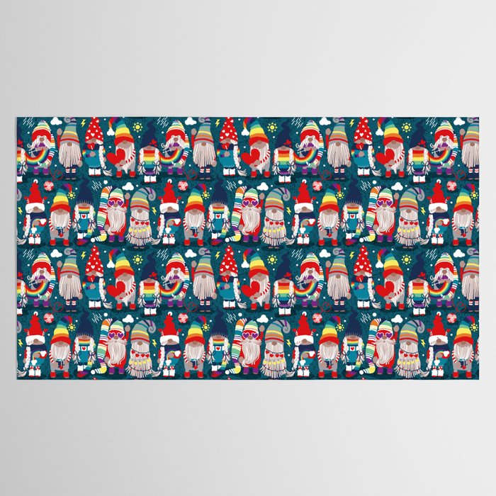 I gnome you // dark teal background little happy and lovely gnomes with rainbows vivid red hearts Tablecloth Gallery Image 2