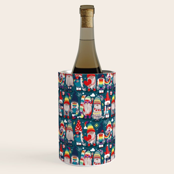 I gnome you // dark teal background little happy and lovely gnomes with rainbows vivid red hearts Wine Chiller Gallery Image 1